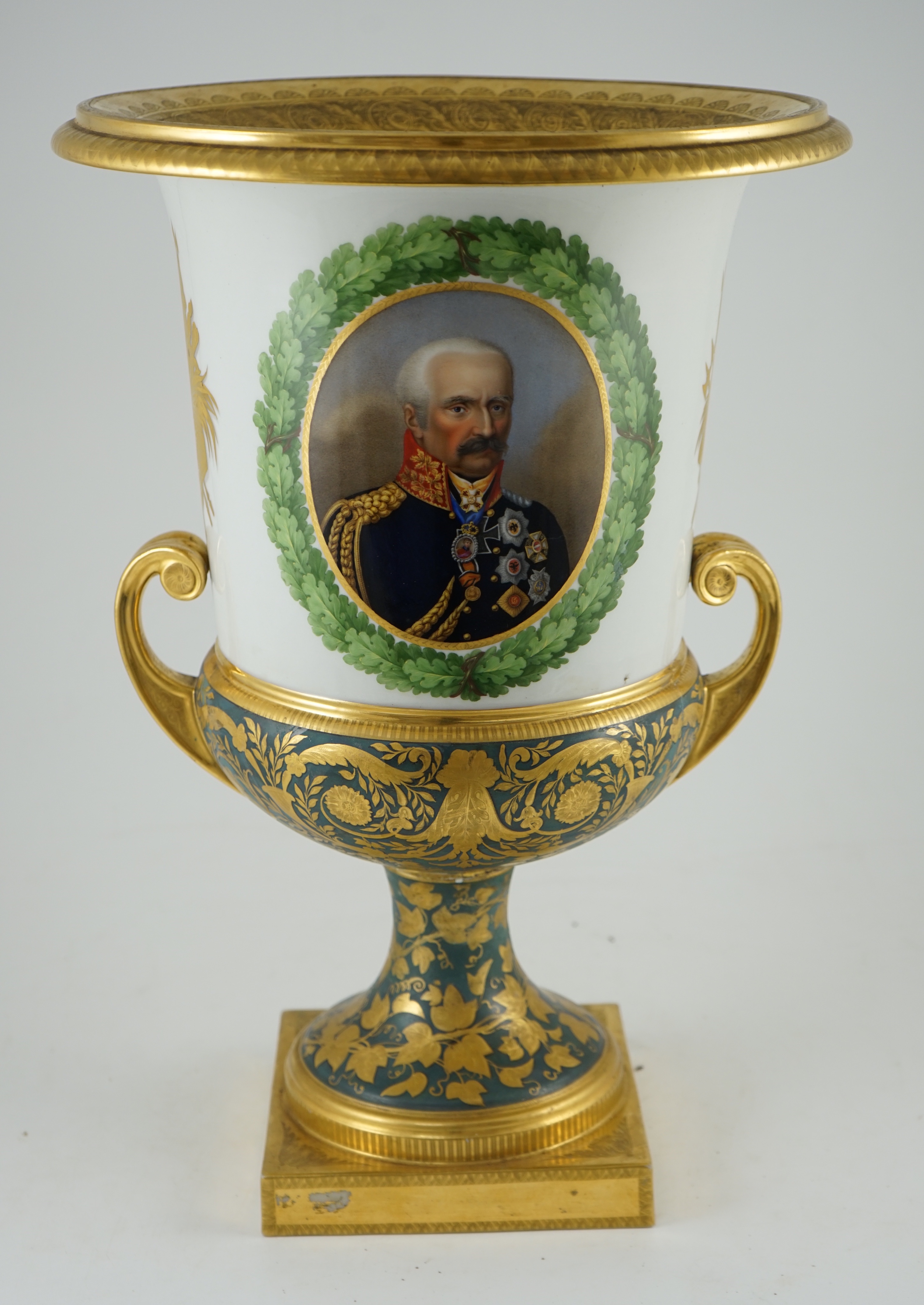 Napoleonic Wars interest: A large Berlin porcelain twin handled urn, c.1816, presented to Sir Henry Hardinge (1785-1856) by the Prussian Prince-General Blücher (1742-1819), 49cm high